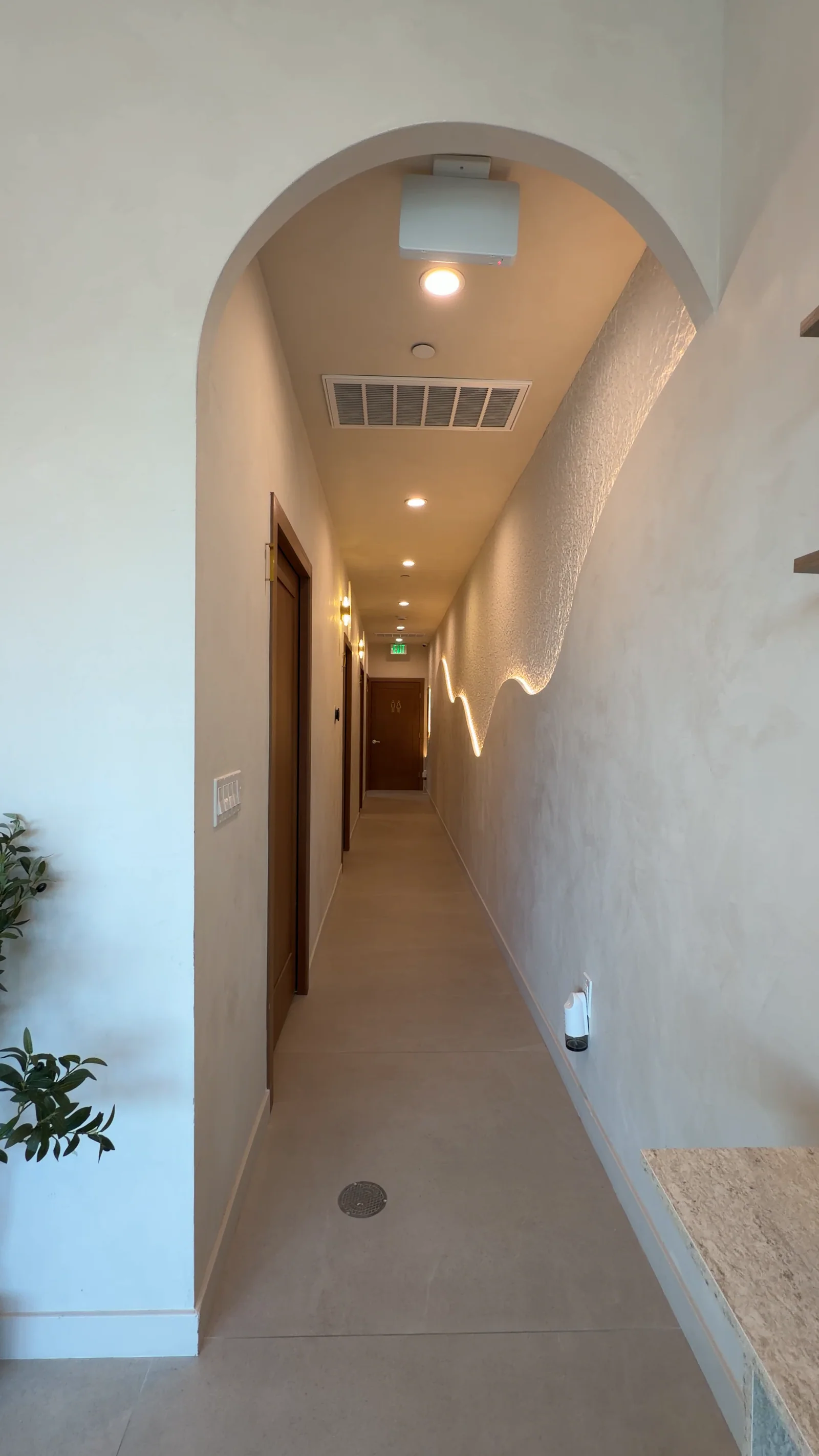 The arched entry to the Rejuven8 hallway, a lit wave running along its textured wall